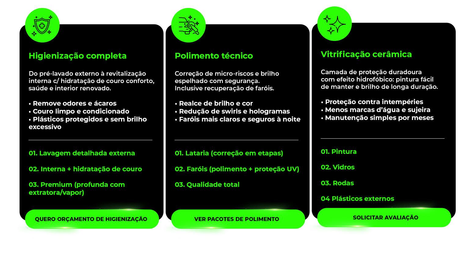 Higienização completa, Polimento técnico, Vitrificação cerâmica